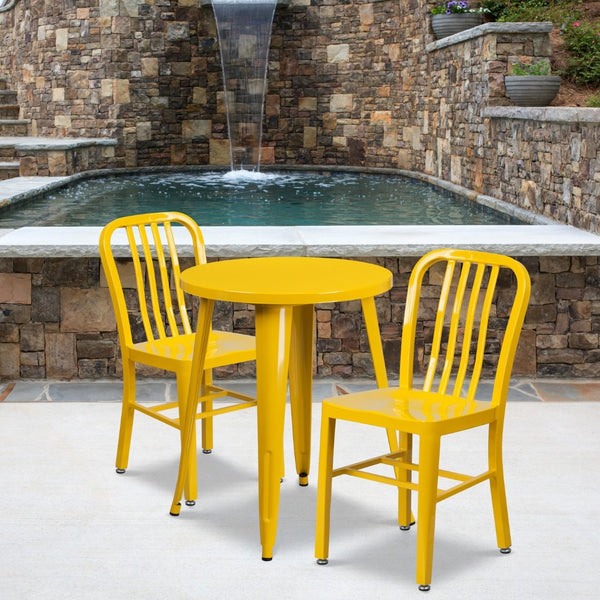 English Elm Napoleon Commercial Grade Metal Indoor-Outdoor Dining Table Set with 2 Stackable Slat Chairs Yellow 24" Round CH-51080TH-2-18VRT-YL-GG