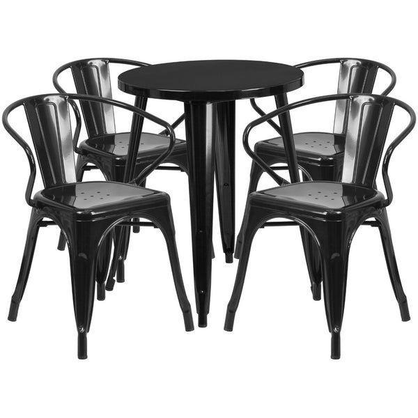 English Elm Chauncey Commercial Grade Bistro Table Set with 4 Arm Chairs for Stylish Indoor and Outdoor Dining Black 24" Round CH-51080TH-4-18ARM-BK-GG