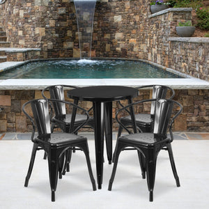 English Elm Chauncey Commercial Grade Bistro Table Set with 4 Arm Chairs for Stylish Indoor and Outdoor Dining Black 24" Round CH-51080TH-4-18ARM-BK-GG
