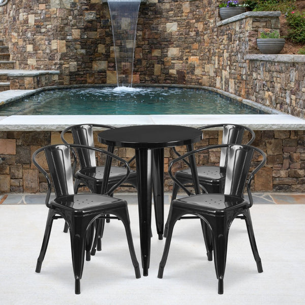 English Elm Chauncey Commercial Grade Bistro Table Set with 4 Arm Chairs for Stylish Indoor and Outdoor Dining Black 24" Round CH-51080TH-4-18ARM-BK-GG