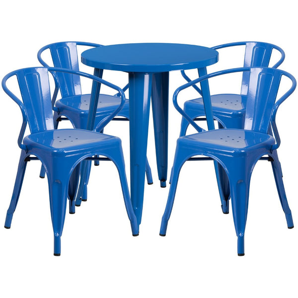 English Elm Chauncey Commercial Grade Bistro Table Set with 4 Arm Chairs for Stylish Indoor and Outdoor Dining Blue 24" Round CH-51080TH-4-18ARM-BL-GG
