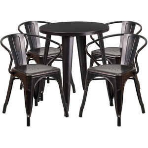 English Elm Chauncey Commercial Grade Bistro Table Set with 4 Arm Chairs for Stylish Indoor and Outdoor Dining Black-Antique Gold 24" Round CH-51080TH-4-18ARM-BQ-GG