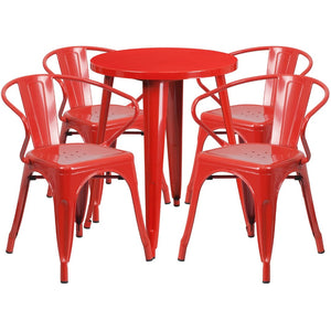 English Elm Chauncey Commercial Grade Bistro Table Set with 4 Arm Chairs for Stylish Indoor and Outdoor Dining Red 24" Round CH-51080TH-4-18ARM-RED-GG