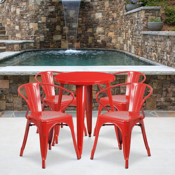 English Elm Chauncey Commercial Grade Bistro Table Set with 4 Arm Chairs for Stylish Indoor and Outdoor Dining Red 24" Round CH-51080TH-4-18ARM-RED-GG