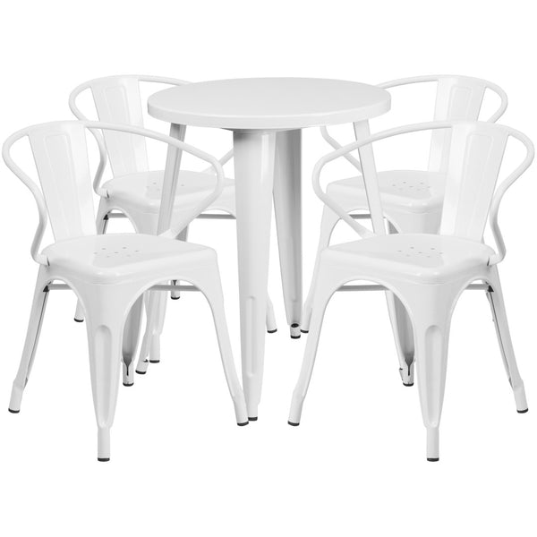 English Elm Chauncey Commercial Grade Bistro Table Set with 4 Arm Chairs for Stylish Indoor and Outdoor Dining White 24" Round CH-51080TH-4-18ARM-WH-GG