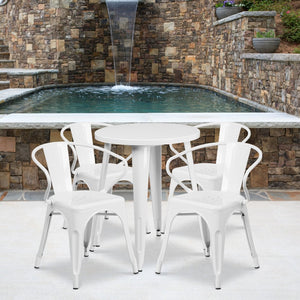 English Elm Chauncey Commercial Grade Bistro Table Set with 4 Arm Chairs for Stylish Indoor and Outdoor Dining White 24" Round CH-51080TH-4-18ARM-WH-GG