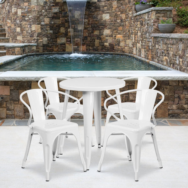 English Elm Chauncey Commercial Grade Bistro Table Set with 4 Arm Chairs for Stylish Indoor and Outdoor Dining White 24" Round CH-51080TH-4-18ARM-WH-GG