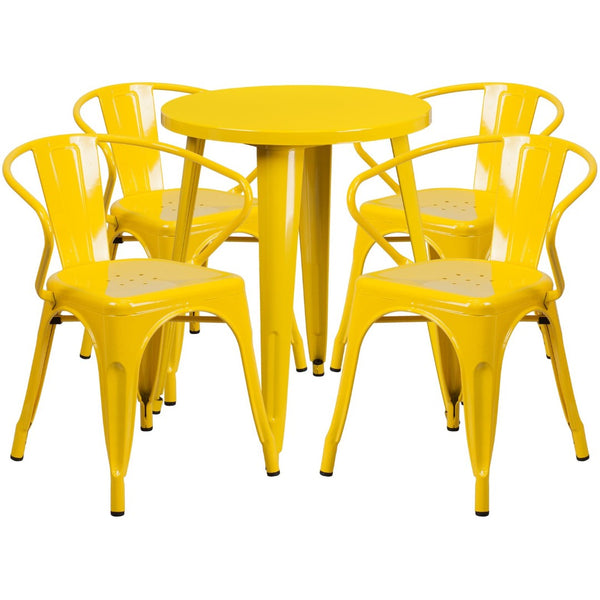 English Elm Chauncey Commercial Grade Bistro Table Set with 4 Arm Chairs for Stylish Indoor and Outdoor Dining Yellow 24" Round CH-51080TH-4-18ARM-YL-GG