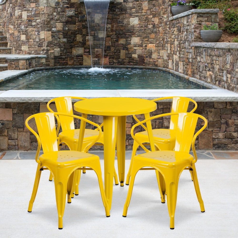 English Elm Chauncey Commercial Grade Bistro Table Set with 4 Arm Chairs for Stylish Indoor and Outdoor Dining Yellow 24" Round CH-51080TH-4-18ARM-YL-GG