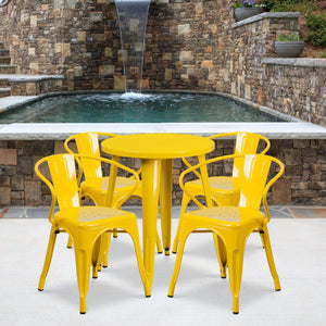English Elm Chauncey Commercial Grade Bistro Table Set with 4 Arm Chairs for Stylish Indoor and Outdoor Dining Yellow 24" Round CH-51080TH-4-18ARM-YL-GG