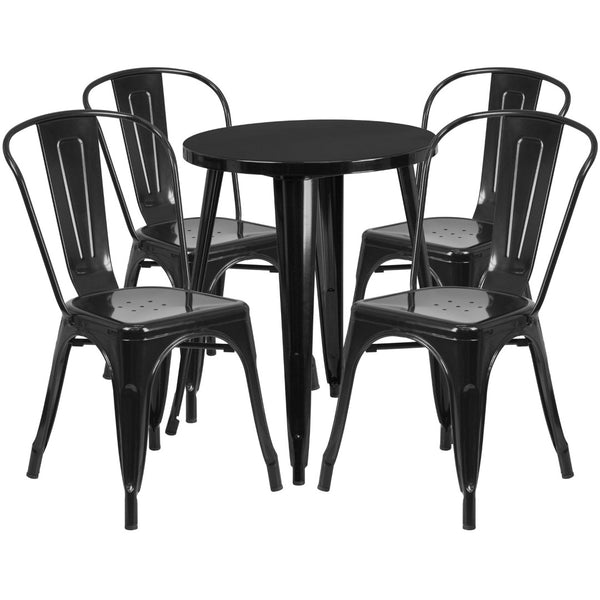English Elm Chauncey Commercial Grade 5-Piece Metal Dining Set for Indoor-Outdoor Use with Café Chairs Black 24" Round CH-51080TH-4-18CAFE-BK-GG