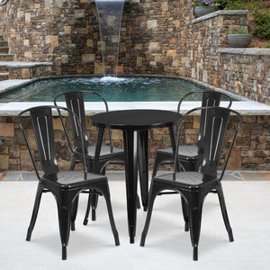 English Elm Chauncey Commercial Grade 5-Piece Metal Dining Set for Indoor-Outdoor Use with Café Chairs Black 24" Round CH-51080TH-4-18CAFE-BK-GG
