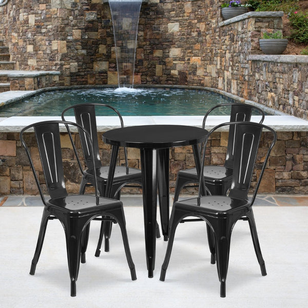 English Elm Chauncey Commercial Grade 5-Piece Metal Dining Set for Indoor-Outdoor Use with Café Chairs Black 24" Round CH-51080TH-4-18CAFE-BK-GG