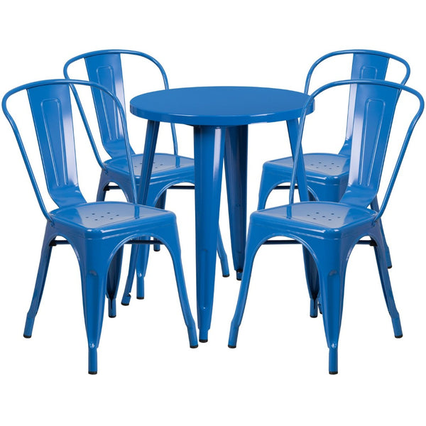 English Elm Chauncey Commercial Grade 5-Piece Metal Dining Set for Indoor-Outdoor Use with Café Chairs Blue 24" Round CH-51080TH-4-18CAFE-BL-GG