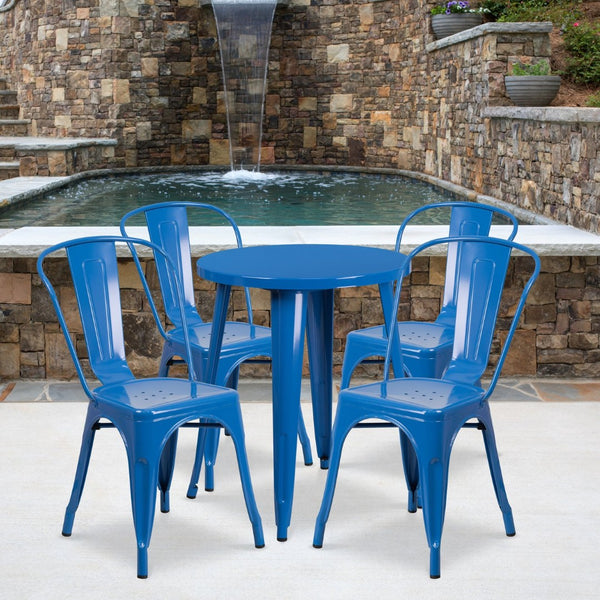 English Elm Chauncey Commercial Grade 5-Piece Metal Dining Set for Indoor-Outdoor Use with Café Chairs Blue 24" Round CH-51080TH-4-18CAFE-BL-GG