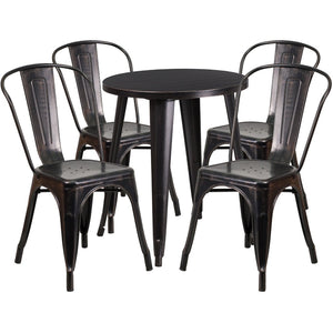 English Elm Chauncey Commercial Grade 5-Piece Metal Dining Set for Indoor-Outdoor Use with Café Chairs Black-Antique Gold 24" Round CH-51080TH-4-18CAFE-BQ-GG