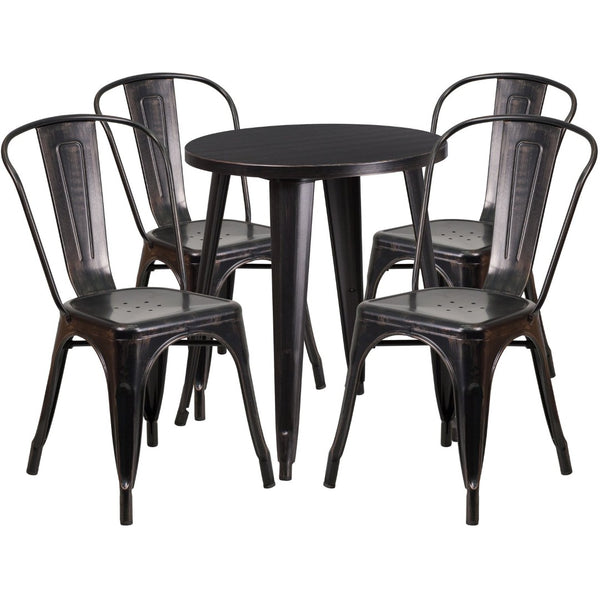 English Elm Chauncey Commercial Grade 5-Piece Metal Dining Set for Indoor-Outdoor Use with Café Chairs Black-Antique Gold 24" Round CH-51080TH-4-18CAFE-BQ-GG