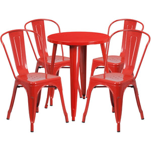 English Elm Chauncey Commercial Grade 5-Piece Metal Dining Set for Indoor-Outdoor Use with Café Chairs Red 24" Round CH-51080TH-4-18CAFE-RED-GG