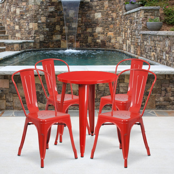English Elm Chauncey Commercial Grade 5-Piece Metal Dining Set for Indoor-Outdoor Use with Café Chairs Red 24" Round CH-51080TH-4-18CAFE-RED-GG