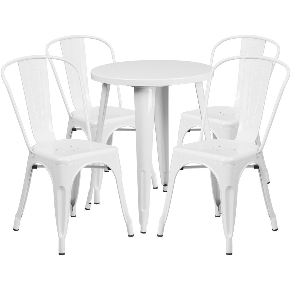 English Elm Chauncey Commercial Grade 5-Piece Metal Dining Set for Indoor-Outdoor Use with Café Chairs White 24" Round CH-51080TH-4-18CAFE-WH-GG