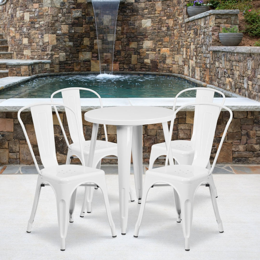 English Elm Chauncey Commercial Grade 5-Piece Metal Dining Set for Indoor-Outdoor Use with Café Chairs White 24" Round CH-51080TH-4-18CAFE-WH-GG