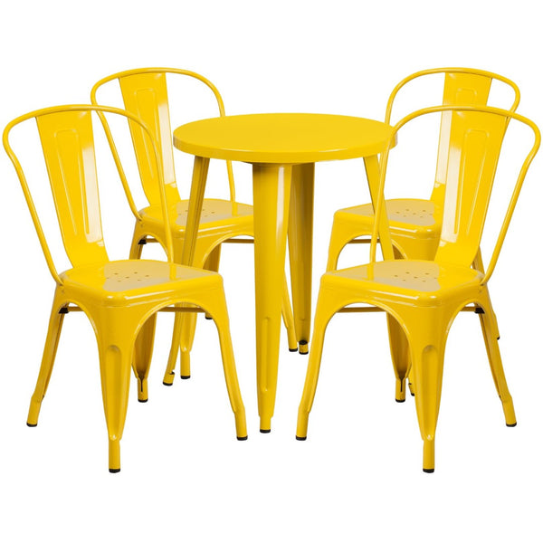 English Elm Chauncey Commercial Grade 5-Piece Metal Dining Set for Indoor-Outdoor Use with Café Chairs Yellow 24" Round CH-51080TH-4-18CAFE-YL-GG