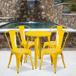 English Elm Chauncey Commercial Grade 5-Piece Metal Dining Set for Indoor-Outdoor Use with Café Chairs Yellow 24" Round CH-51080TH-4-18CAFE-YL-GG