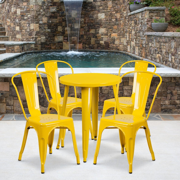 English Elm Chauncey Commercial Grade 5-Piece Metal Dining Set for Indoor-Outdoor Use with Café Chairs Yellow 24" Round CH-51080TH-4-18CAFE-YL-GG