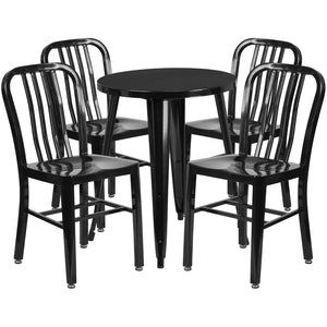 English Elm Thomas Commercial Grade Metal Dining Set with 4 Stackable Chairs - Durable Indoor-Outdoor Design Black 24" Round CH-51080TH-4-18VRT-BK-GG