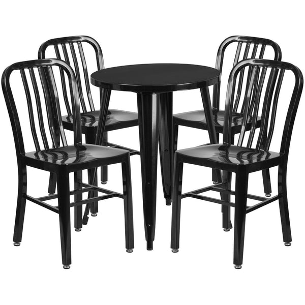 English Elm Thomas Commercial Grade Metal Dining Set with 4 Stackable Chairs - Durable Indoor-Outdoor Design Black 24" Round CH-51080TH-4-18VRT-BK-GG