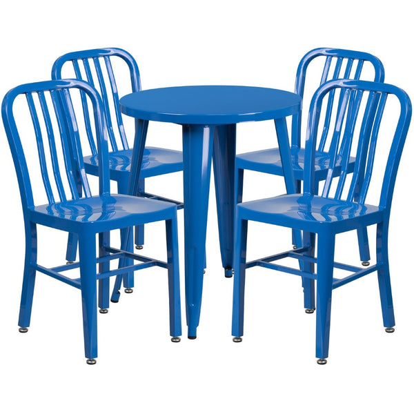 English Elm Thomas Commercial Grade Metal Dining Set with 4 Stackable Chairs - Durable Indoor-Outdoor Design Blue 24" Round CH-51080TH-4-18VRT-BL-GG