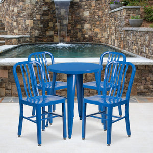 English Elm Thomas Commercial Grade Metal Dining Set with 4 Stackable Chairs - Durable Indoor-Outdoor Design Blue 24" Round CH-51080TH-4-18VRT-BL-GG