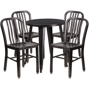 English Elm Thomas Commercial Grade Metal Dining Set with 4 Stackable Chairs - Durable Indoor-Outdoor Design Black-Antique Gold 24" Round CH-51080TH-4-18VRT-BQ-GG