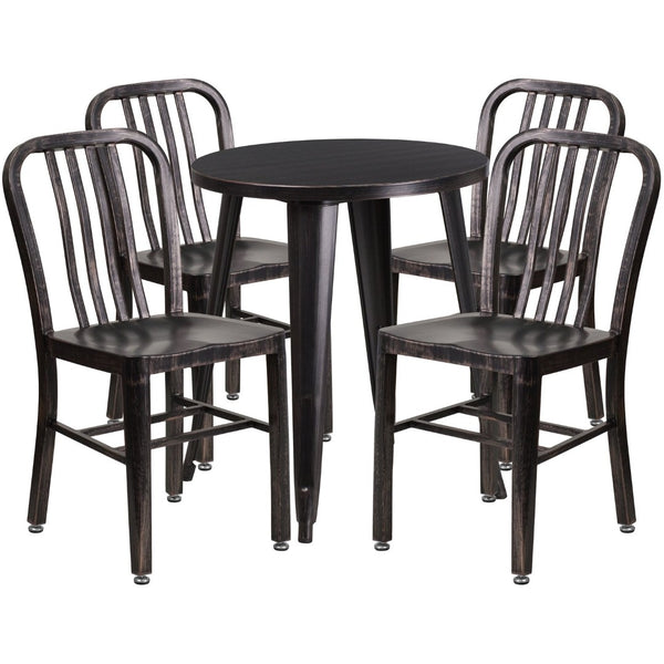 English Elm Thomas Commercial Grade Metal Dining Set with 4 Stackable Chairs - Durable Indoor-Outdoor Design Black-Antique Gold 24" Round CH-51080TH-4-18VRT-BQ-GG