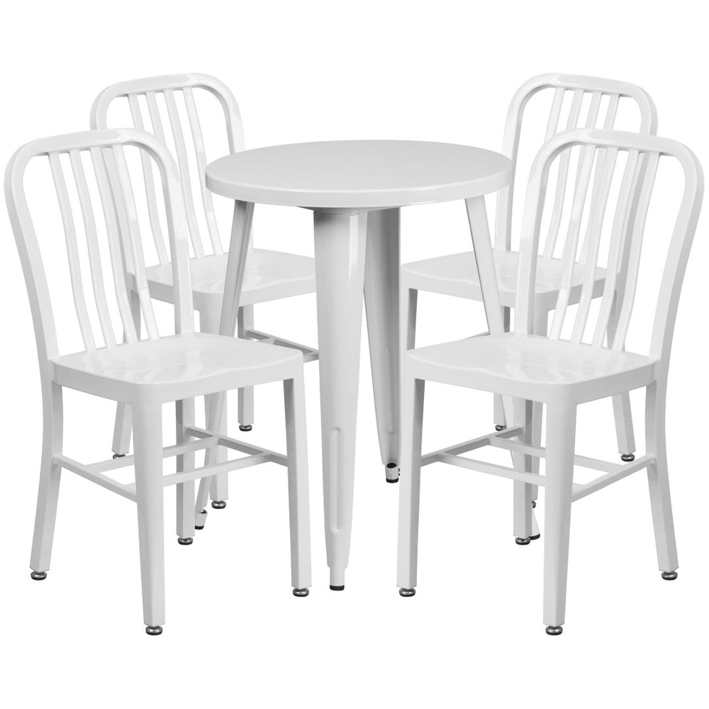English Elm Thomas Commercial Grade Metal Dining Set with 4 Stackable Chairs - Durable Indoor-Outdoor Design White 24" Round CH-51080TH-4-18VRT-WH-GG