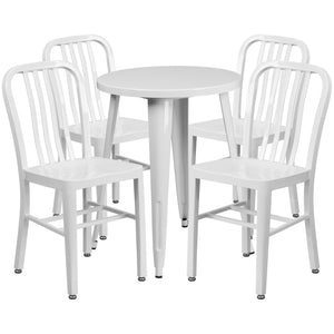 English Elm Thomas Commercial Grade Metal Dining Set with 4 Stackable Chairs - Durable Indoor-Outdoor Design White 24" Round CH-51080TH-4-18VRT-WH-GG
