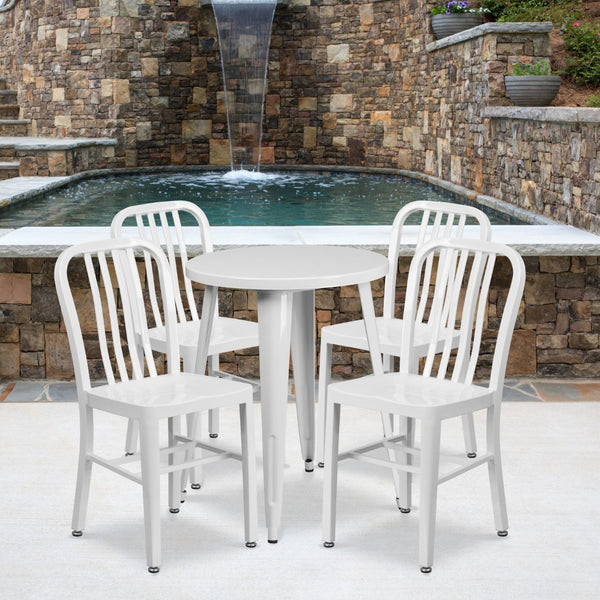 English Elm Thomas Commercial Grade Metal Dining Set with 4 Stackable Chairs - Durable Indoor-Outdoor Design White 24" Round CH-51080TH-4-18VRT-WH-GG