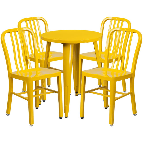 English Elm Thomas Commercial Grade Metal Dining Set with 4 Stackable Chairs - Durable Indoor-Outdoor Design Yellow 24" Round CH-51080TH-4-18VRT-YL-GG
