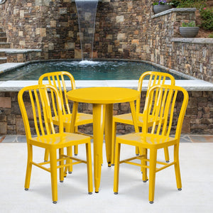 English Elm Thomas Commercial Grade Metal Dining Set with 4 Stackable Chairs - Durable Indoor-Outdoor Design Yellow 24" Round CH-51080TH-4-18VRT-YL-GG