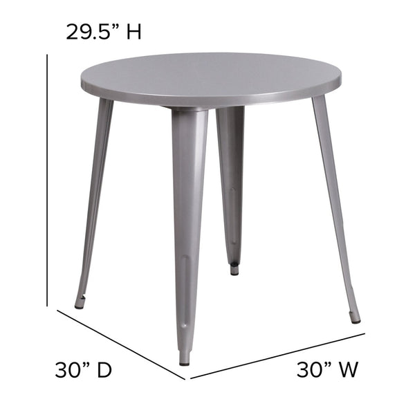 English Elm Jeffrey Commercial Grade Round Metal Table for Indoor-Outdoor Use – Stylish and Durable Design Silver 30" Round CH-51090-29-SIL-GG
