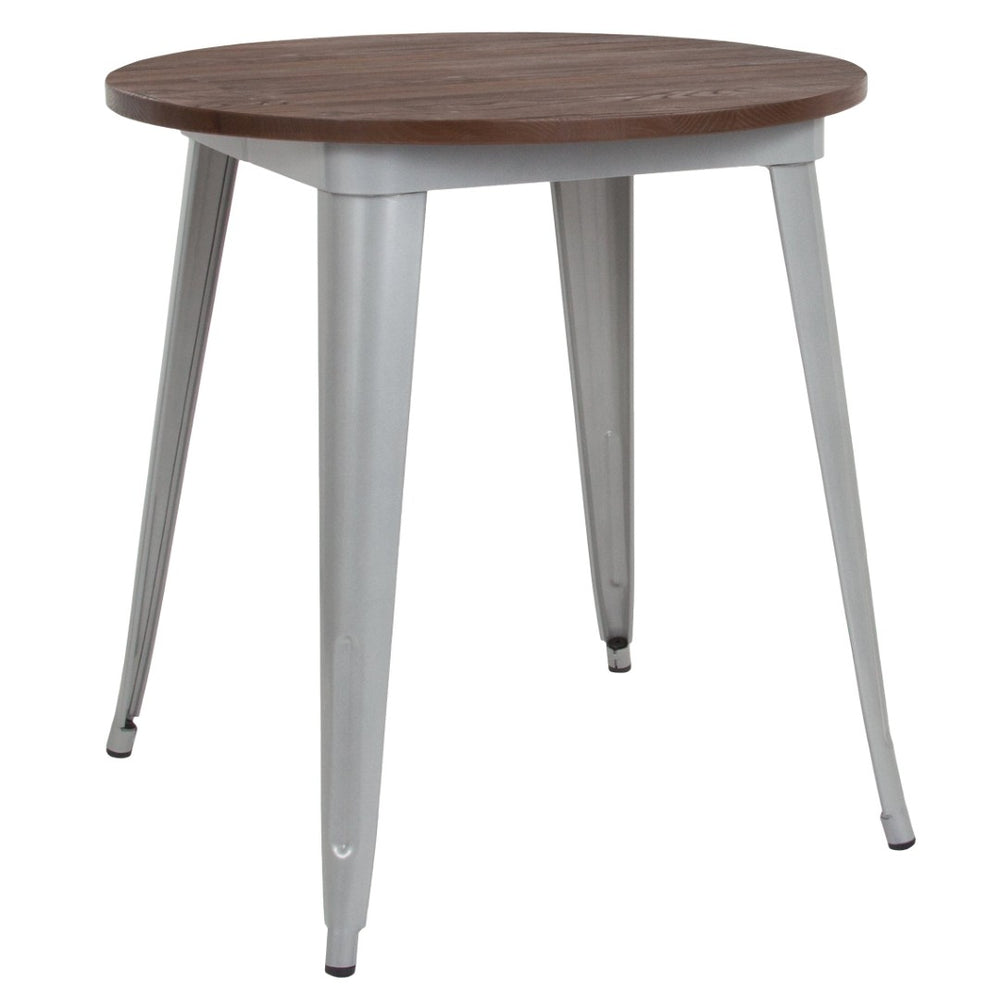 English Elm Jeffrey 30" Round Indoor Table - Rustic Walnut Top with Silver Metal Base for Modern Spaces CH-51090-29M1-SIL-GG