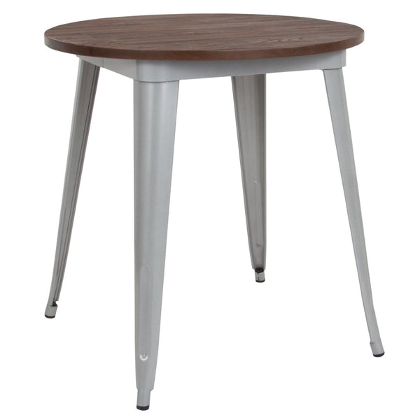 English Elm Jeffrey 30" Round Indoor Table - Rustic Walnut Top with Silver Metal Base for Modern Spaces CH-51090-29M1-SIL-GG