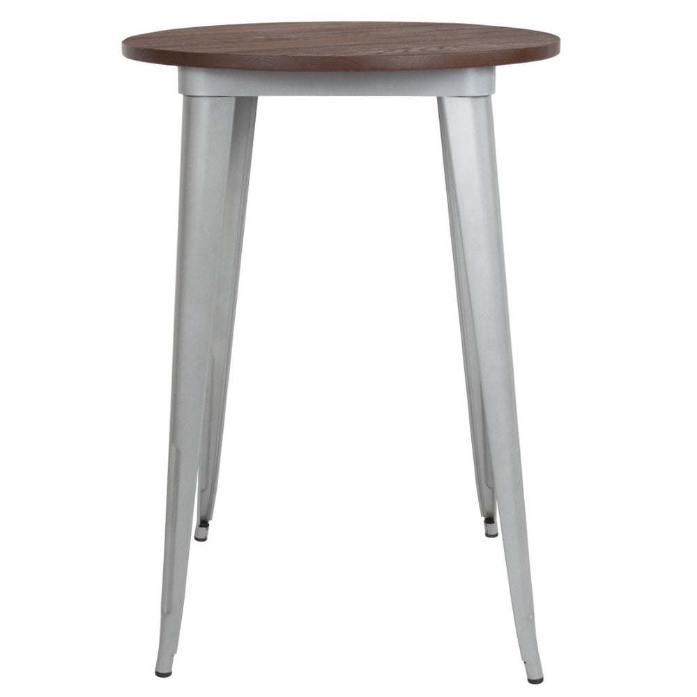 English Elm Philip Indoor Bar Height Table with Rustic Walnut Wood Top and Sturdy Metal Base for Versatile Spaces Silver 30" Round CH-51090-40M1-SIL-GG
