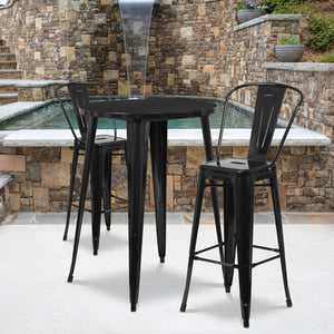English Elm Caron Commercial Grade Indoor-Outdoor Bar Table Set with 2 Stylish Cafe Stools for Versatile Dining Black 30" Round CH-51090BH-2-30CAFE-BK-GG