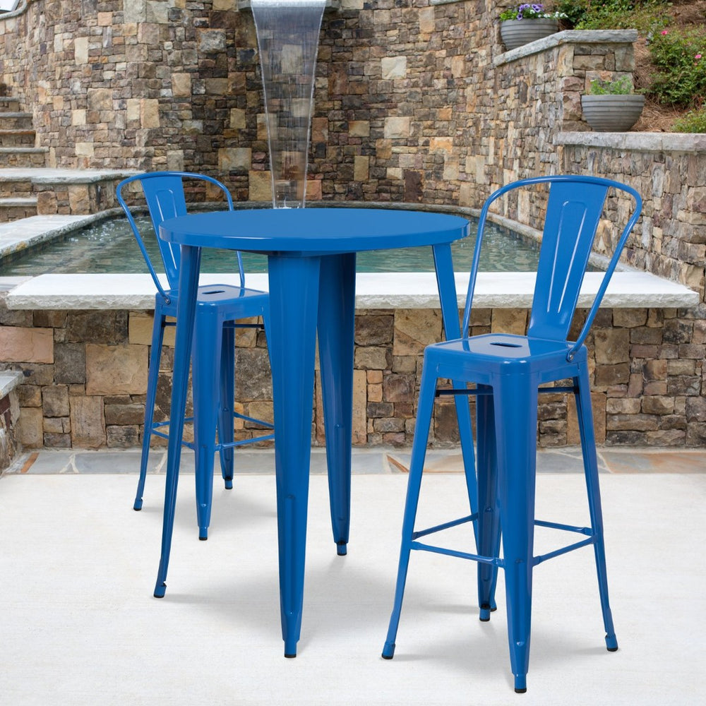 English Elm Caron Commercial Grade Indoor-Outdoor Bar Table Set with 2 Stylish Cafe Stools for Versatile Dining Blue 30" Round CH-51090BH-2-30CAFE-BL-GG