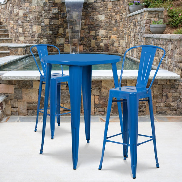 English Elm Caron Commercial Grade Indoor-Outdoor Bar Table Set with 2 Stylish Cafe Stools for Versatile Dining Blue 30" Round CH-51090BH-2-30CAFE-BL-GG