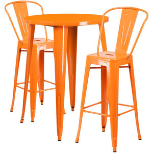 English Elm Caron Commercial Grade Indoor-Outdoor Bar Table Set with 2 Stylish Cafe Stools for Versatile Dining Orange 30" Round CH-51090BH-2-30CAFE-OR-GG