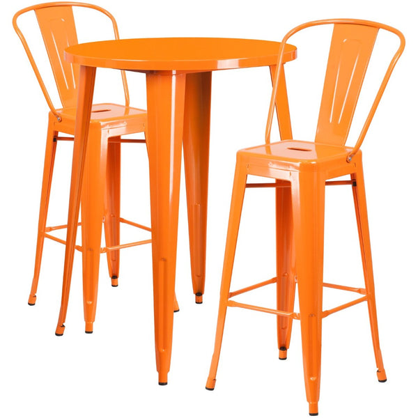 English Elm Caron Commercial Grade Indoor-Outdoor Bar Table Set with 2 Stylish Cafe Stools for Versatile Dining Orange 30" Round CH-51090BH-2-30CAFE-OR-GG
