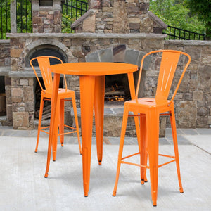 English Elm Caron Commercial Grade Indoor-Outdoor Bar Table Set with 2 Stylish Cafe Stools for Versatile Dining Orange 30" Round CH-51090BH-2-30CAFE-OR-GG