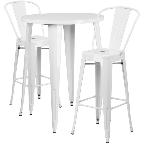English Elm Caron Commercial Grade Indoor-Outdoor Bar Table Set with 2 Stylish Cafe Stools for Versatile Dining White 30" Round CH-51090BH-2-30CAFE-WH-GG